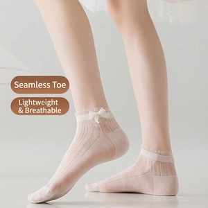 Women's mesh lace socks with bow detail in pink, breathable and seamless design