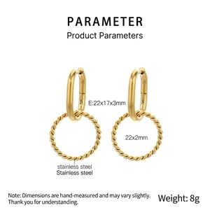 Detailed view of golden stainless steel twist hoop earrings with size measurements