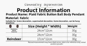 Detailed size chart for plaid Christmas plush ornaments including Santa, Snowman and Reindeer