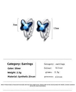 Macro view of blue butterfly drop earrings in S925 silver showing 13mm size measurements