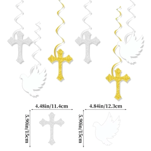 Glitter gold and silver cross and dove hanging swirl decorations for baby shower party