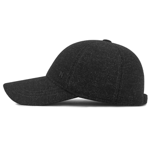 Men winter wool baseball cap with N logo and warm ear protection in dark grey