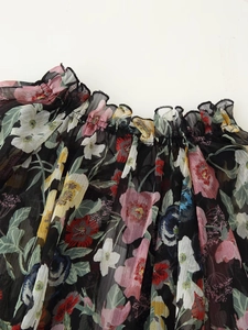 Detail showing elastic smocked neckline with ruffle trim on floral chiffon fabric