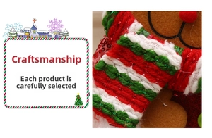 Detail of Christmas stocking accessory featuring knit scarf with green sequins and embroidery