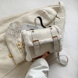 Women Plush Faux Fur Handbag PU Leather Crossbody Shoulder Bag Vintage Korean Style With Gold Buckle Straps