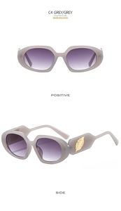 Front and side view of oval grey sunglasses with gold leaf detail and purple gradient lenses