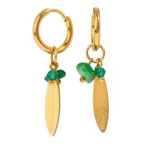 Vintage 18K Gold Plated Stainless Steel Leaf Hoop Earrings For Women Bohemian Natural Green Stone Bead Pendant Earrings Jewelry Gift