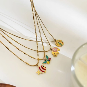 Colorful enamel animal pendant necklaces in gold stainless steel with fish and butterfly