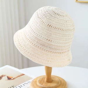 Women's summer hollow knit bucket hat in cream white breathable woven sun hat