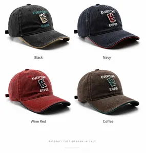 Close-up of vintage washed cotton baseball cap with thick letter embroidery and stitching