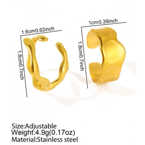 Adjustable golden stainless steel irregular ring set with dimension details on white background