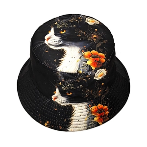 Black bucket hat with artistic cat and flower prints for sun protection and fashion