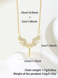 Detailed size specifications for angel wing cross necklace with cubic zirconia