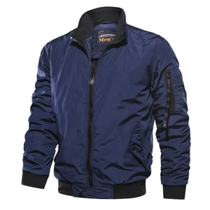 Men's navy blue bomber jacket with ribbed stand collar and functional sleeve pocket