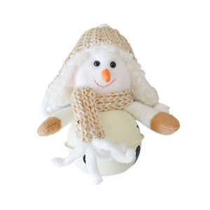 Plush Christmas snowman ornament with knit hat and metallic bell base for tree decoration