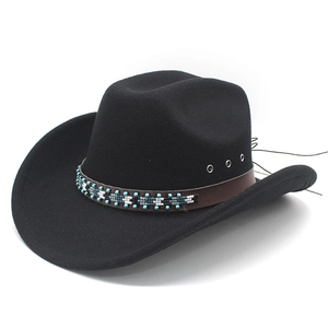 Cappello da cowboy in feltro nero con cinturino in pelle perlata e tesa larga curva