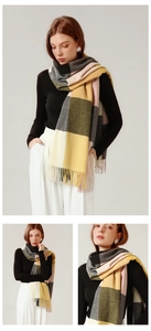 Close-up of multicolor plaid scarf showing soft cashmere-like texture and tassel detail