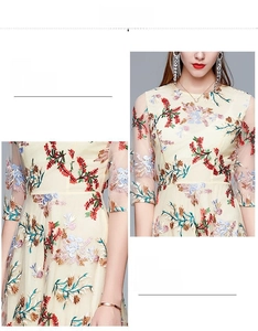 Detailed views of floral embroidery on round neckline and waist design of a beige dress