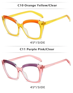 Detail view of cat eye sunglasses showing orange and purple gradient frame variations