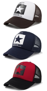 Three mesh trucker hats in brown, navy, and red with star prints and lyrics details