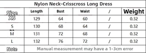 Size chart showing bust and length measurements for halter neck nylon maxi dress