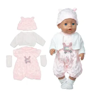 Pink bunny-themed four-piece doll clothing set with hat, cardigan, and socks for 18 inch dolls