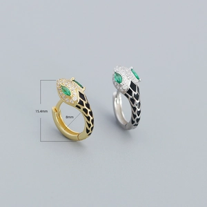 Elegant s925 silver snake hoop earrings with green zircon eyes and black enamel detail