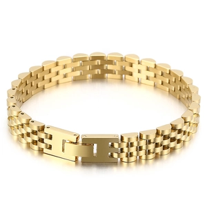 Golden stainless steel watch band bracelet with triple link chain and fold-over clasp