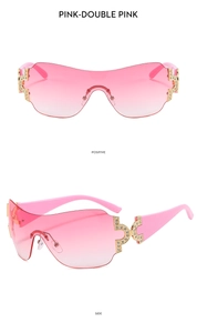 Detailed front and side views of Y2K rimless sunglasses with pink gradient and rhinestones