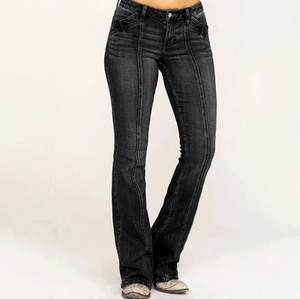 Slim fit charcoal black flare jeans for women featuring unique front seam detailing