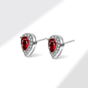 Elegant S925 sterling silver teardrop earrings with red pear-cut zircon and pave crystals