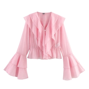 Chemisier rose en mousseline avec col en V, manches à volants et taille élastique femme