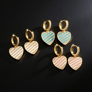 Orecchini A Cerchio Con Cuore Rame Placcato Oro 18K Strisce Di Smalto Colorato Zircone Gioielli Moda Da Donna