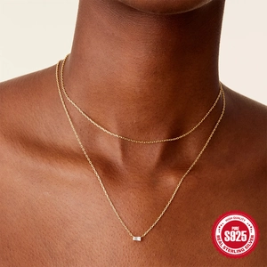 Double-layer S925 sterling silver gold necklace with rectangular white gemstone pendant