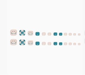 Detailed set of 24 toe nail patches with teal, beige, checkerboard and smiley face designs