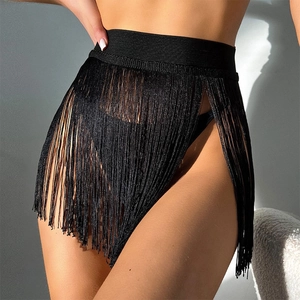 Sexy black high waist tassel beach skirt bikini cover up with fringe side slit detail