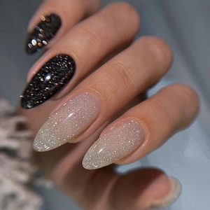 Sparkly Almond Long Press On Nails Black White Glitter Reusable Fashionable Stiletto Artificial Nails For Women W581 Style