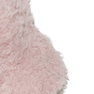 Close-up of soft pink plush fabric showing thick faux fur texture and fuzzy material details