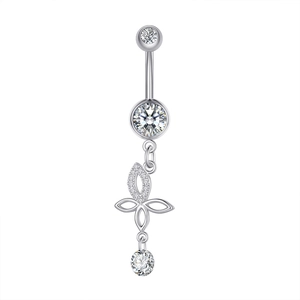Detailed view of a silver belly ring featuring a zircon-studded floral pendant design
