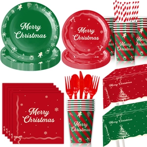 Detailed set of Christmas party tableware including red and green paper plates and cups