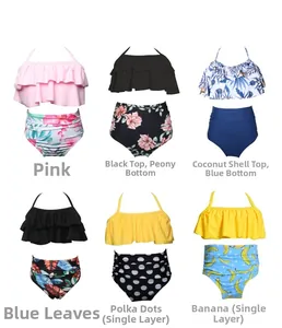 Selection of girls' two-piece bikinis featuring ruffled tops and high-waisted bottoms