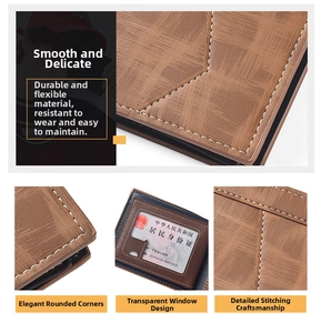 Brown men's wallet detail showing contrast stitching and transparent ID window