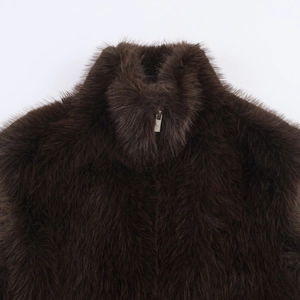 Women's dark brown faux fur vest featuring a stylish stand collar and full zipper closure