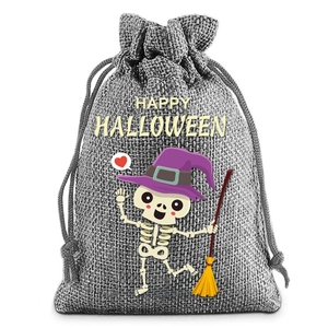 Gray burlap Halloween drawstring candy bag with cartoon skeleton wizard and Happy Halloween text