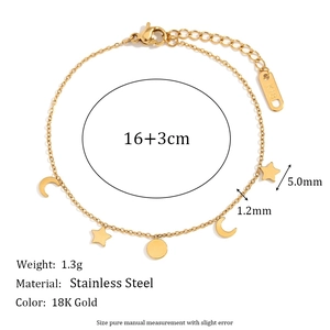 18K gold plated stainless steel star and moon pendant bracelet for women on white background