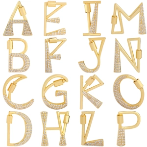 Gold-plated A-Z alphabet pendants with white zircon inlays and screw carabiner clasps