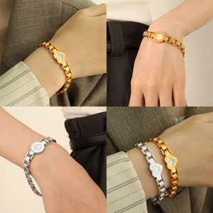 Roman numeral bracelets in gold and silver plating with white shell inlays and link chains