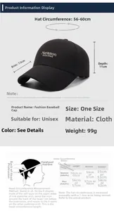 Size guide for black baseball cap showing measurements and head circumference charts
