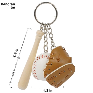 Mini baseball keychain dimensions shown with bat, glove, and ball measuring 2.9 by 1.3 inches