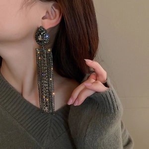 Elegant water drop earrings with long crystal tassels in a luxurious dark grey finish